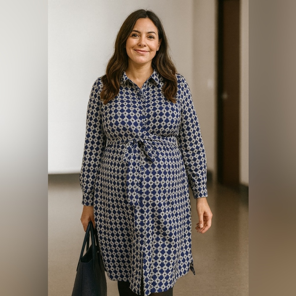 Motherhood Shirtdress Button up Long Sleeve roll tab dress Navy white Size L - Picture 1 of 12